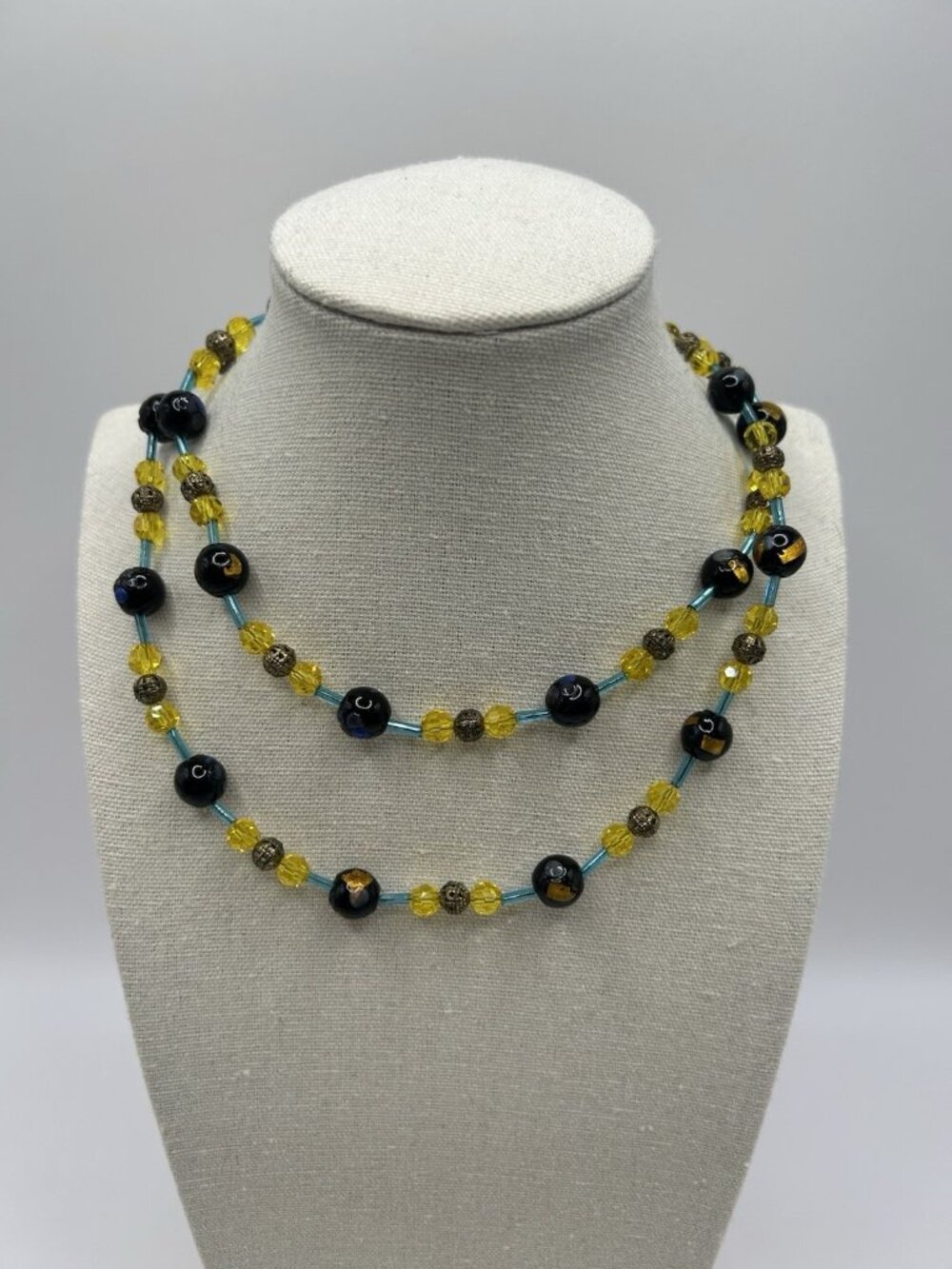 Vintage Glass Bead Necklace Black & Yellow Beads Glows Under Black Light 29”